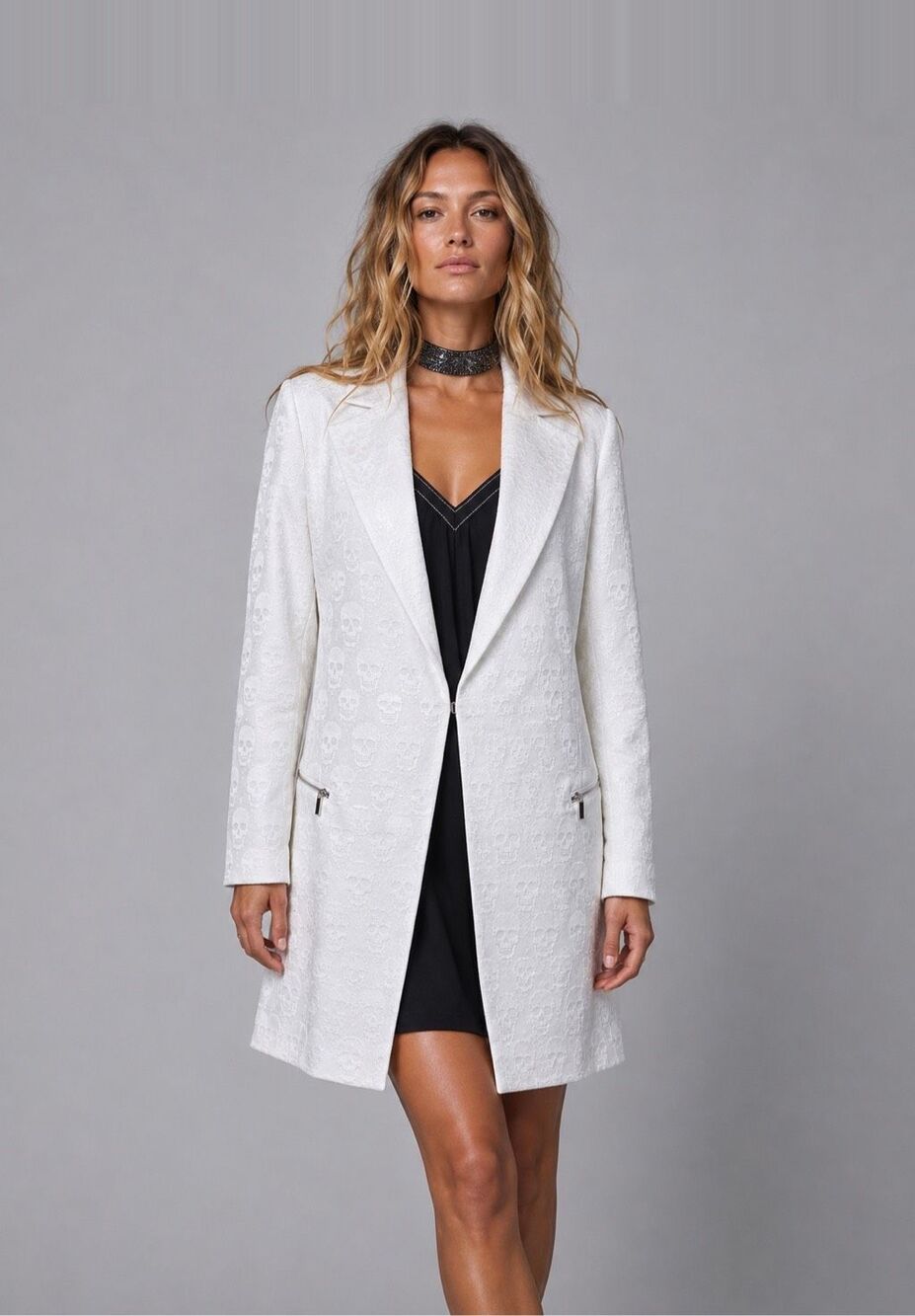 NWT Thomas Wylde Skull Jacquard Long Blazer Coat White Size 6 (081)